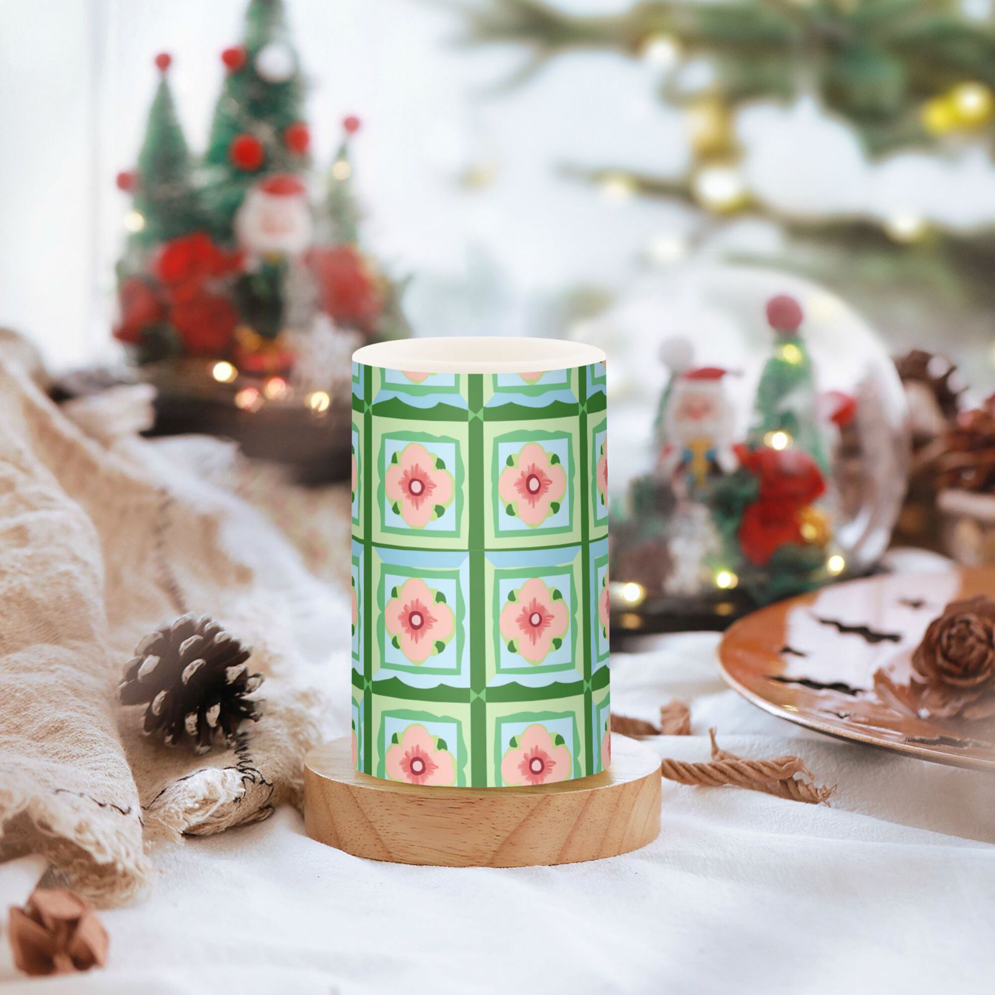 Yayeee Flameless Candles with Remote Flickering Battery Operated Multi Color Changing, Green Blossom Mosaic