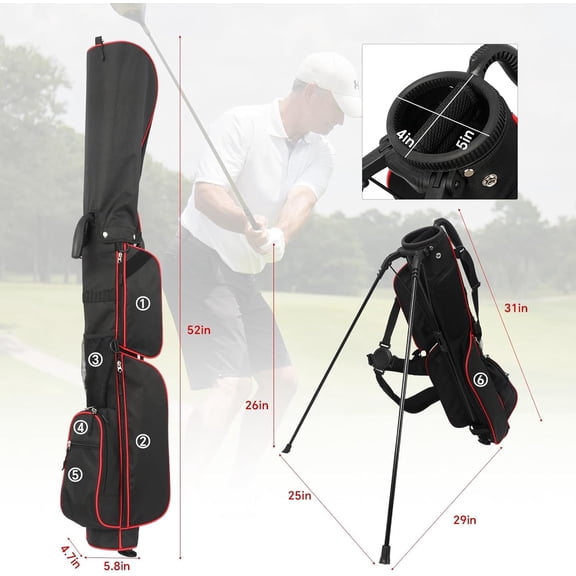 Golf Stand Bag 2 Way Divider，Par 3 Golf Bag with 6 Pockets Holds Up to 7 Clubs Dual Strap Small Golf Bag for Men & Women