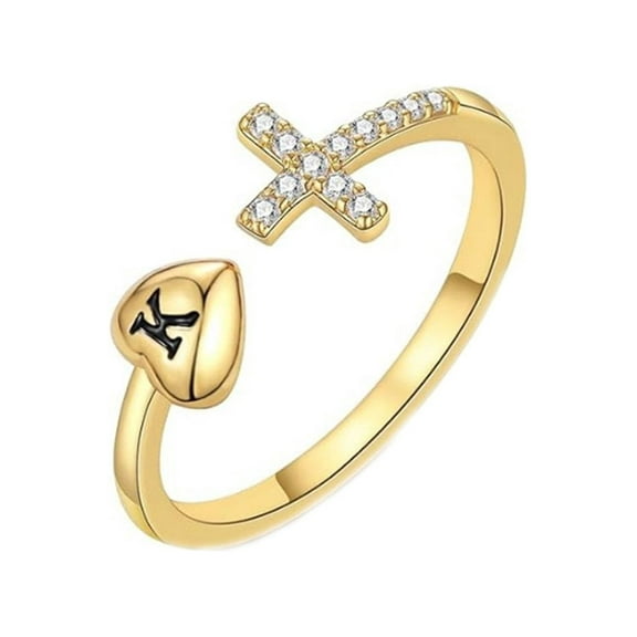 HIJONESWomen's Stainless Steel 26 Initial Love Heart Cross Zirconia Open Adjustable Eternity Ring K