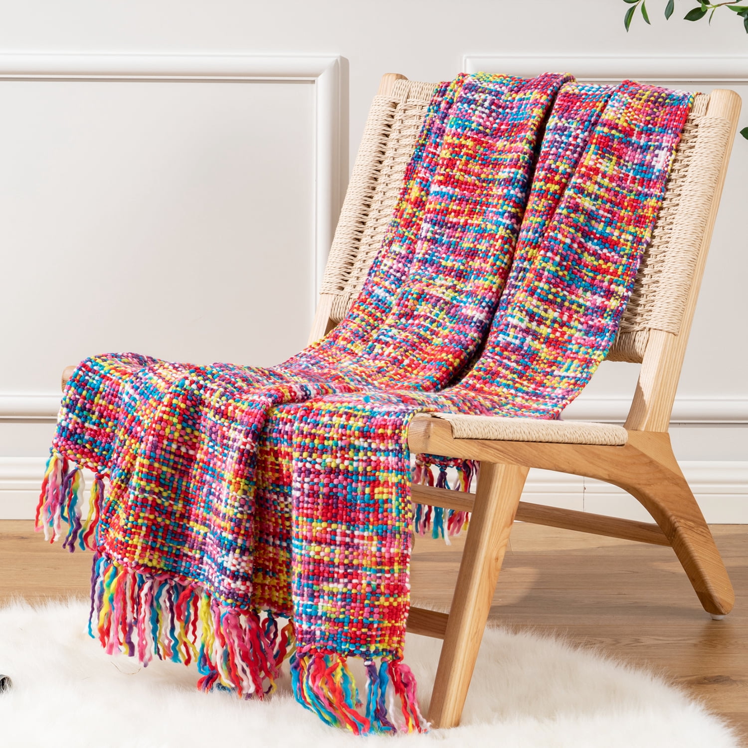 Colorful Throw Blanket with Tassels, Boho Knit Throw Blankets for Couch,Living Room,50"x60"