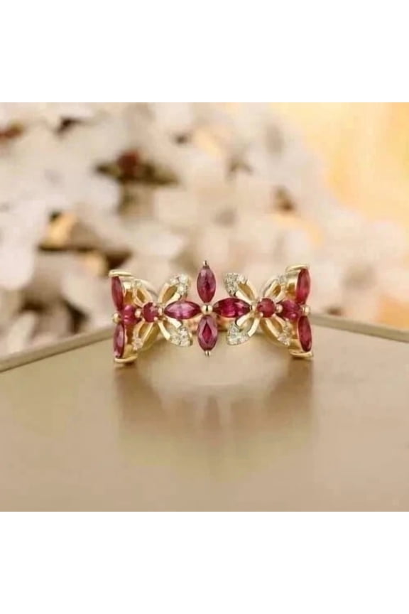 2Ct Marquise Cut Lab Created Ruby Women's Rings 14K Yellow Gold Finish