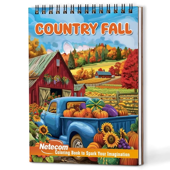 Netecom Country Fall Coloring Book Spiral Bound for Adults, A5 Wooden Cover, 30 Beautiful Coloring Pages of Countryside in Autumn for Stress Relief and Relaxation