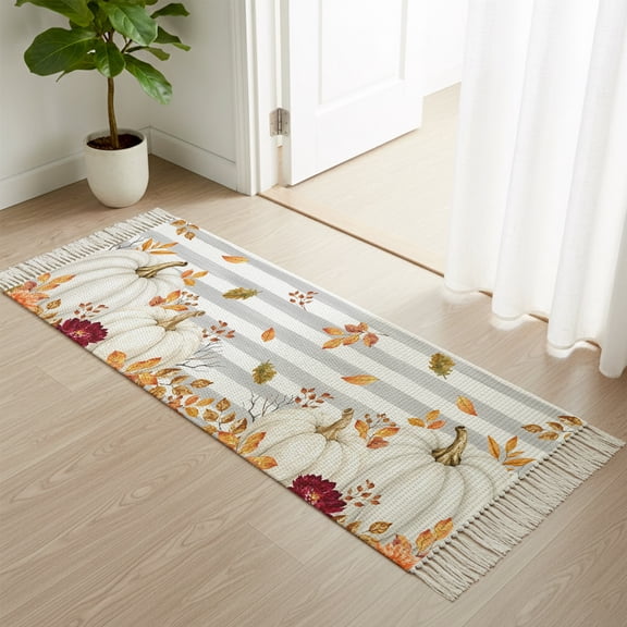 White Pumpkin Gold Leaves Boho Hallway Runner Rug 2x4ft, Kitchen Runner Rug Tassel Rugs, Thanksgiving Pumpkin Gray White Line Area Rugs Floor Carpet for Living Room Bedroom Entryway