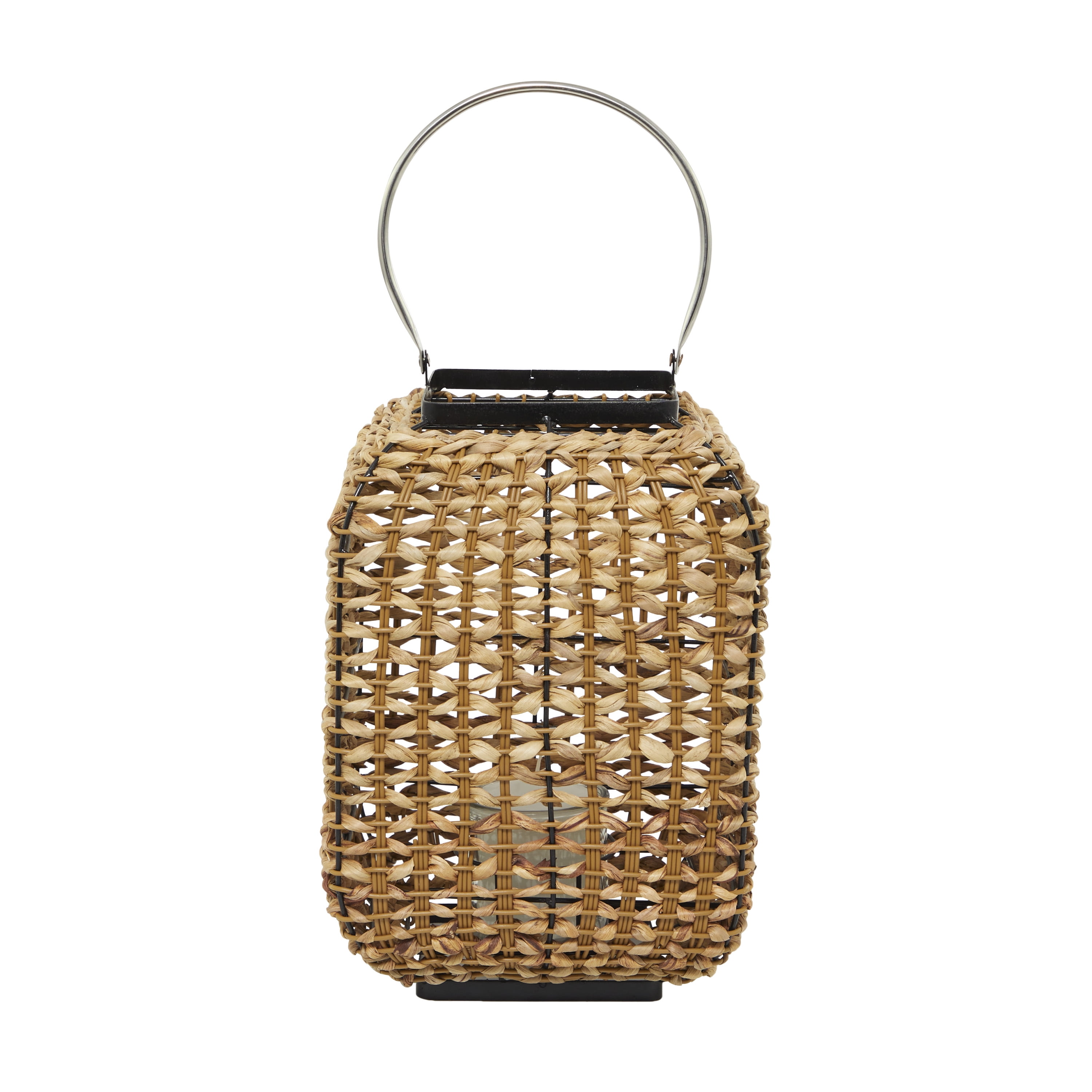 DecMode Brown Dried Plant Handmade Decorative Candle Lantern with Glass Holder and Handle