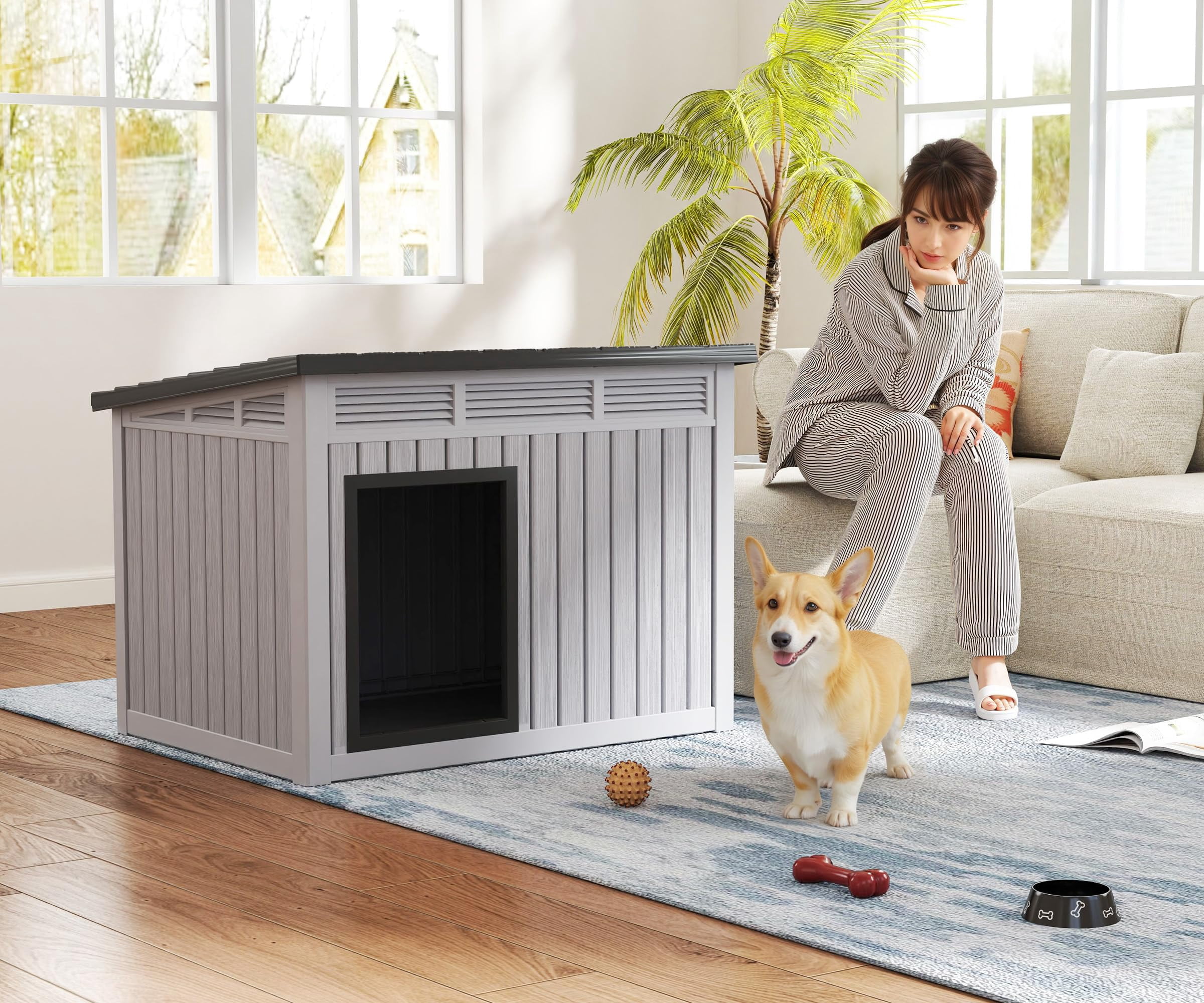 Weatherproof Indoor/Outdoor Dog House for Medium to Large Dogs - Large 42.87×32.95×31.61, Removable Floor, Spacious Interior, Gray, Durable, All-Weather Protection