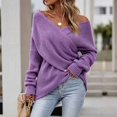 thumbnail image 2 of WULMLEO Women Off Shoulder Wrap Ribbed Knit Sweaters Long Sleeve Loose Cross Front Pullover Tops Purple M, 2 of 6