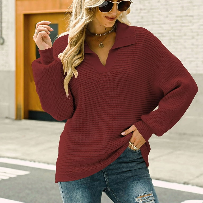 SSAAVKUY Deals Womens Plus Size Lapel Sweater Elegant Solid Fall Tops  Turndown Collar V Neck Blouse Dressy Casual Mid-Weight Pullover Winter Warm