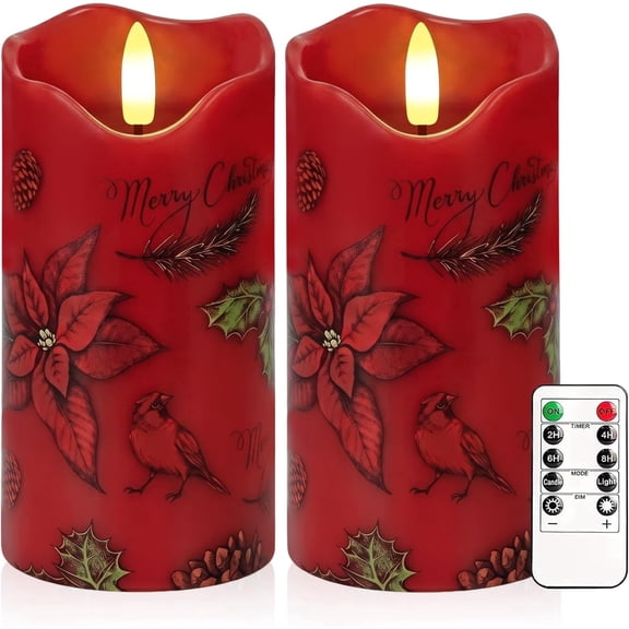 Christmas Flameless Candles Set of 2, 6"x3" Poinsettia LED Candles with Remote & Timer, Flickering Real Wax Electric Pillar Candles Battery Operated, Red Candles Light for Home Christmas Decor