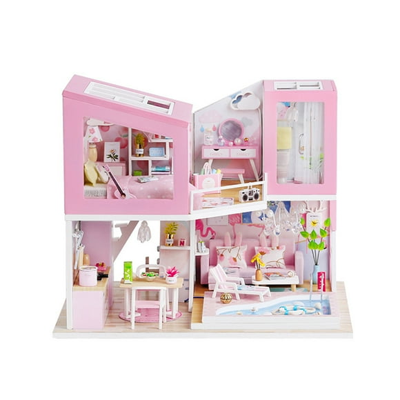 Dollhouses Miniature Doll House DIY Wooden Dollhouse with Furniture & LED Light Pink House Children Toy Creative Gifts for 14+ Kids Adults Friends Family