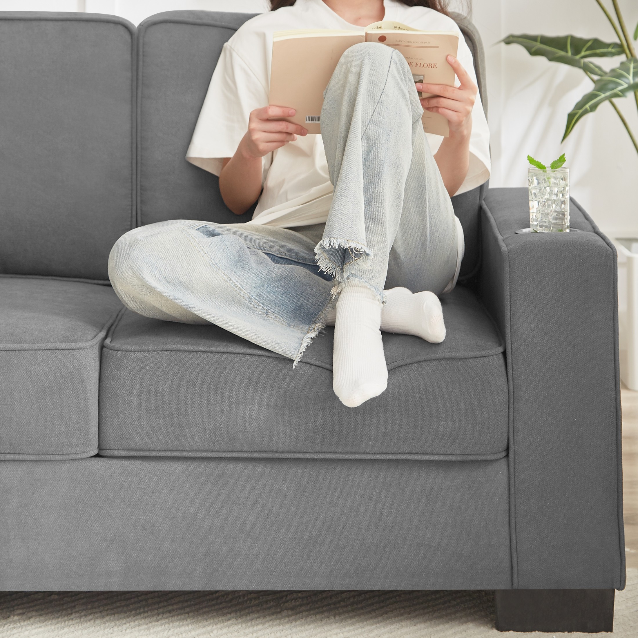 Aukfa 84" Snowfleece Sofa with Cup Holders, Modern 3-Seater Couch for Living Room Office, Gray