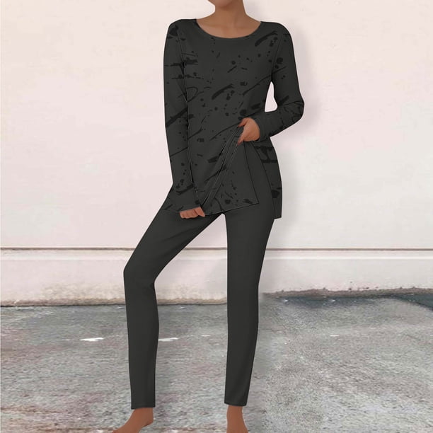 Puntoco Conjunto De Camiseta Y Pantalones Largos Con Cuello Redondo Y Manga Larga Con Estampado Informal Para Mujer Gris Oscuro Xl
