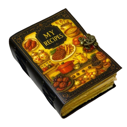 Handmade Leather Recipe Journal – 5x7 Inch Vintage Cookbook Notebook with 200 Deckle Paper Pages, Antique Clasp, Personalized Kitchen Recipe Keeper