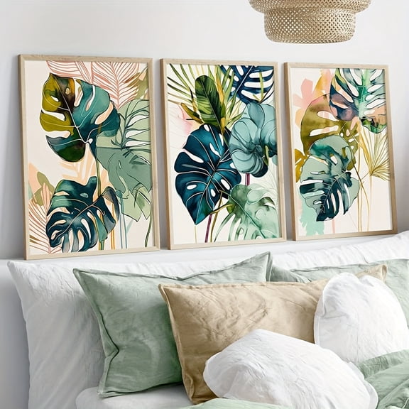 Set of 3 Tropical Plants Wall Art, Monstera Poster, Watercolour Green Palm Leaf Print, Botanical Gallery Modern Decor, Canvas Art Living Room, Bedroom, Kitchen, Dinning Room, Home Office, Cafe, Bar,