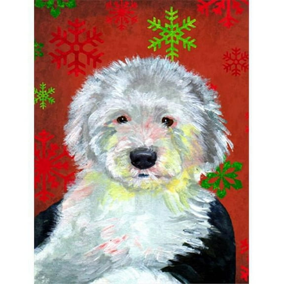 11 x 15 In. Old English Sheepdog Red Green Snowflakes Holiday Christmas Flag, Garden Size
