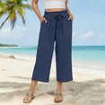thumbnail image 3 of Women's Linen Capri Pants Wide Leg with Drawstring Elastic Waist Casual Pant Straight Leg Casual Trousers, 3 of 9