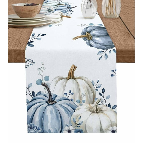 Blue Pumpkin Fall Table Runner 36 Inches, Thanksgiving Eucalyptus Leaves Weeping Bed Runner Dresser Scarves Tabletop for Indoor Outdoor Parties/Ceremony/Banquet, 13"x 36"