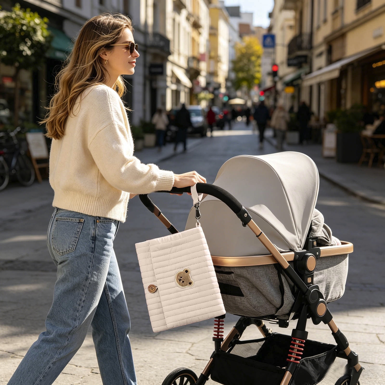 Bear Embroidery Baby Organizer Bag 10.6 Inch Multifunction Diaper Clutch with Wipes Pocket Portable Stroller Attachment Storage Pouch for Travel Khaki