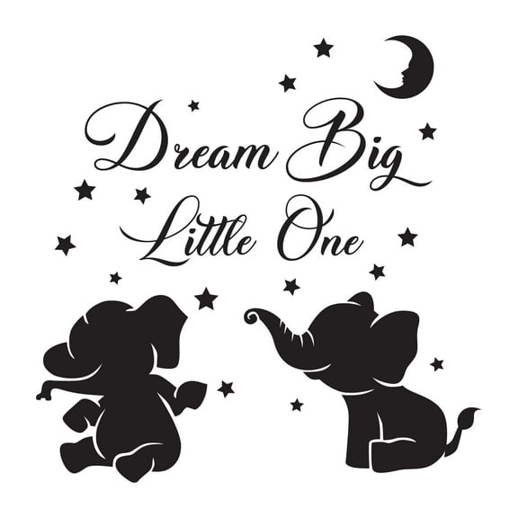 Children Dream Big Little One Loving Quote Wall Decal Decoration Cute Little Elephants Silhouette Beautiful Moon and Stars Lasts Years and Easily Removable - Size: 10 In(W) x 10 In(H)