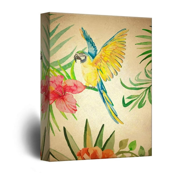 wall26 - Canvas Wall Art - Vintage Style Blue Parrot Among Flowers - Giclee Print Gallery Wrap Modern Home Art Ready to Hang - 16x24 inches