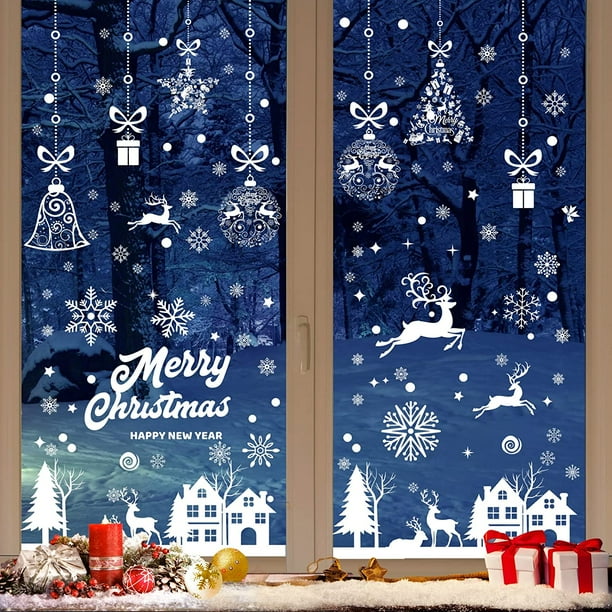 192 Adhesivos navideños reutilizables para ventanas, adornos navideños para ventanas, adhesivos navideños de PVC electrostático para ventanas, adornos navideños de copos de nieve para ventanas y puertas de vidrio esquí esquí Gafas de esquí