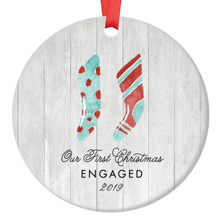 Woodsy Christmas Decor Engaged Christmas Ornament 2019, Farmhouse Woodsy Our 1st Christmas Engagement Couple Bride Groom Xmas Present for Newlyweds Ceramic Porcelain Keepsake 3