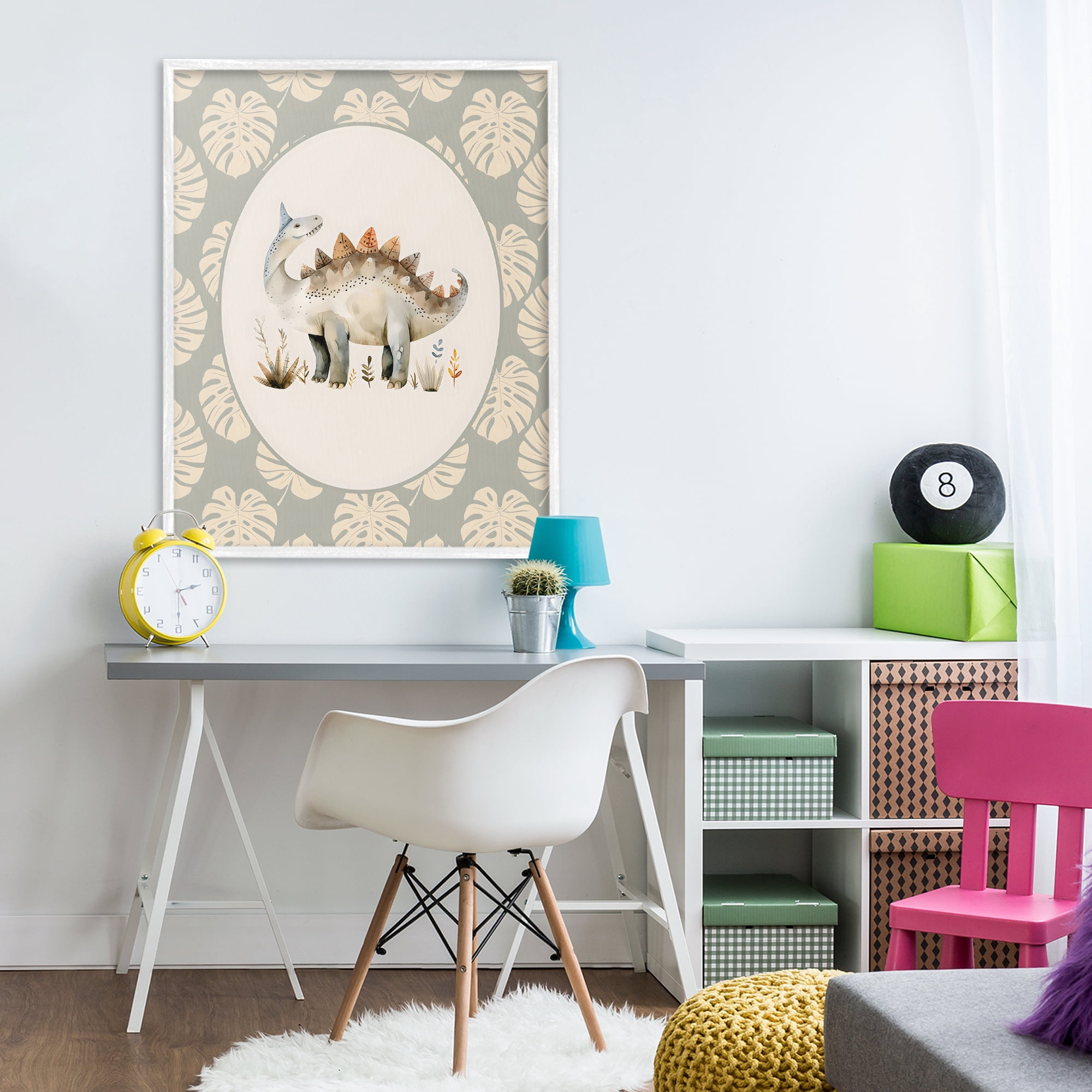 Stupell Industries Watercolor Dinosaur Monstera Border White Framed Giclee Art, design by LSR Design Studio