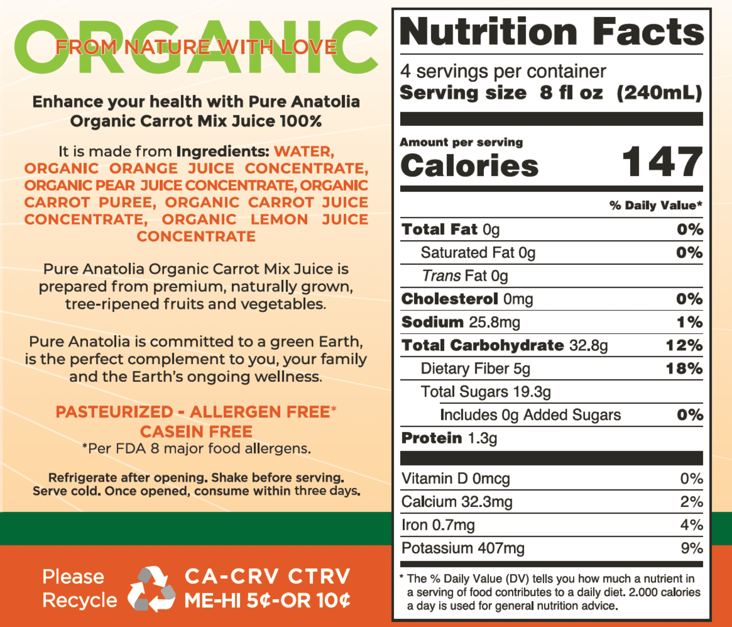 (6 pack) Pure Anatolia Organic Carrot Mix Juice, 32 Fl Oz Glass Bottle