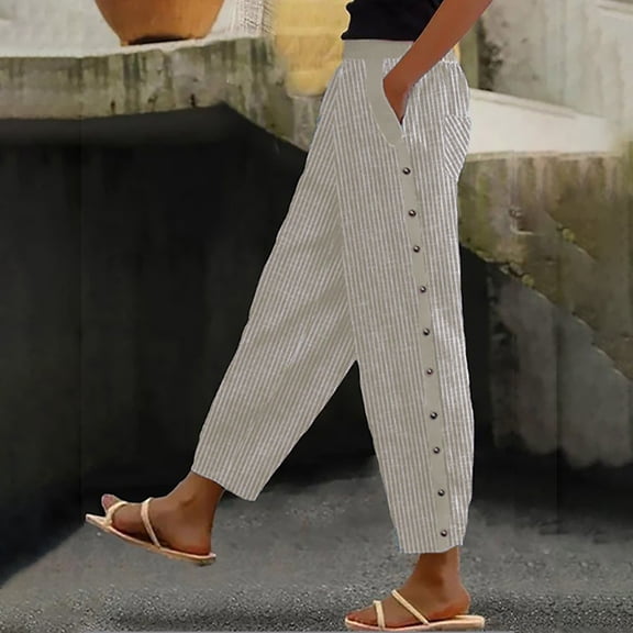 Women's Casual Pants Women'S Solid Color Striped Buttoned Cropped Trousers,Beige Women's Casual Pants XXXL