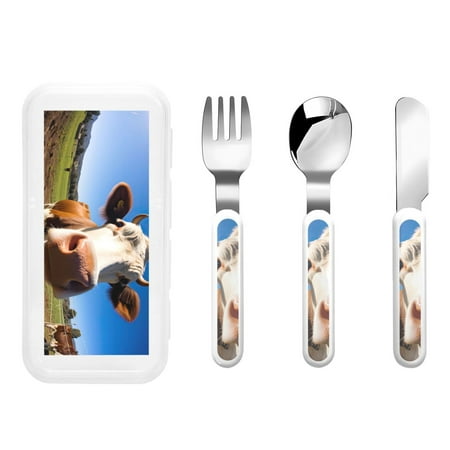 

Rateoe Blue Sky Meadow Cute Cow for Stainless Steel Kids Silverware Set - Child and Toddler Safe Flatware - Children s Knife Fork And Spoon Set