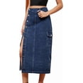 thumbnail image 2 of Women Denim Midi Skirt High Waisted Button Up Casual Slit Jean Skirts, 2 of 7