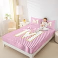 thumbnail image 4 of Homewish Initial M Letter Twin Sheet Sets, Girly Pink Stripes Abstract Twin Fitted Sheet, Princess Cartoon Bowknot Flat Sheet, Microfiber Bedroom Decor, 3 Pieces, 4 of 7