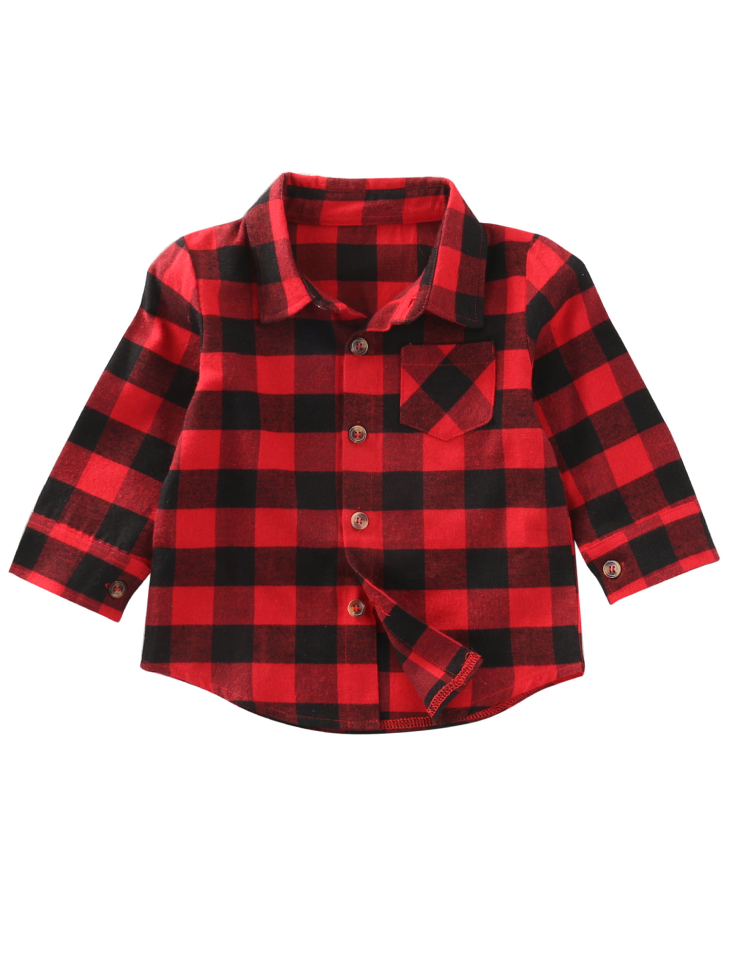 Kids Little Boys Girls Baby Letters Print Long Sleeve Button Down Red Plaid Flannel Shirt 