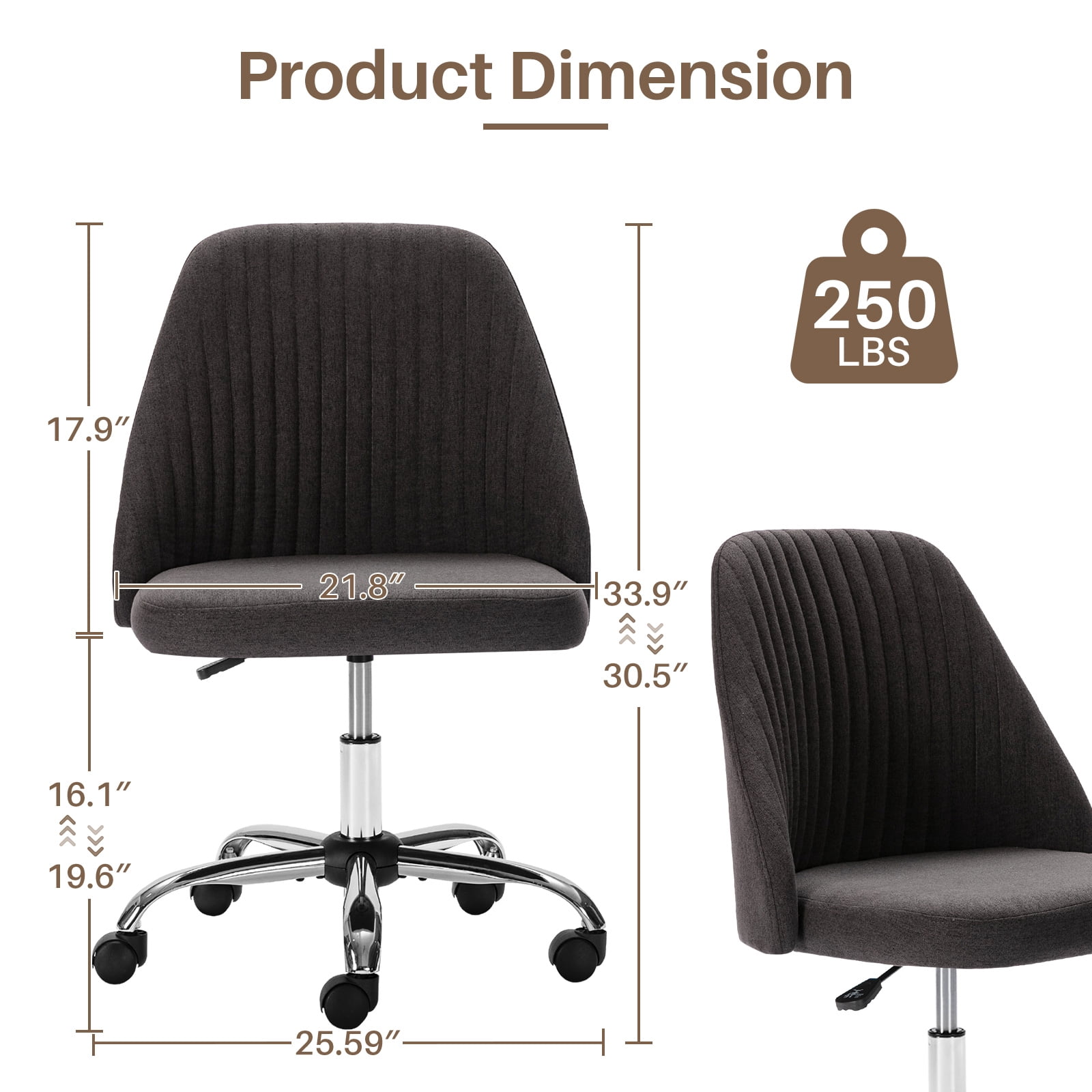 Colorful Linen Desk Chair, Comfy Thick Seat with Swivel Wheels, Armless Task Chair, Dark Gray