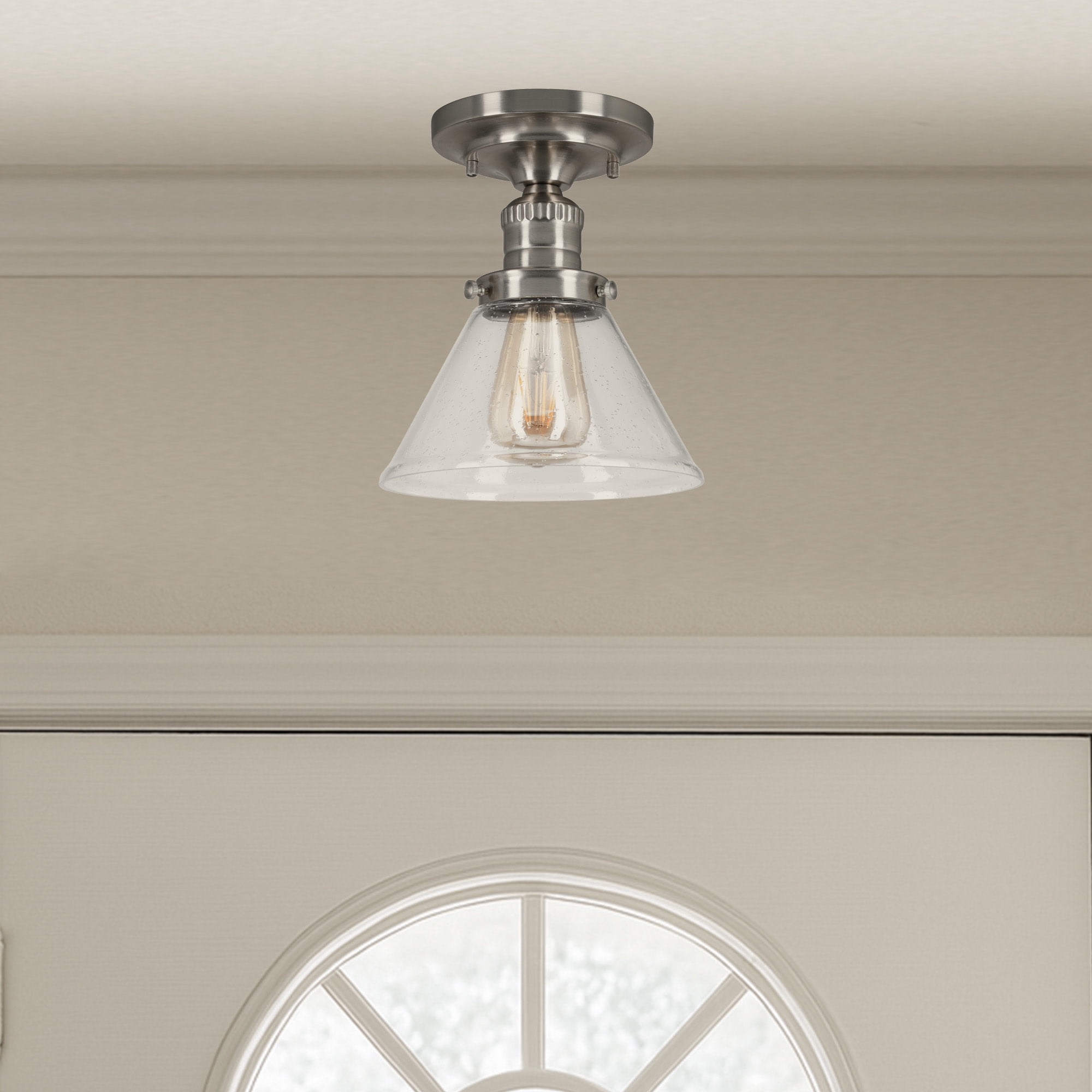 Corwin Ceiling Light, 1-Light Satin Nickel Semi-Flush Fixture with Seeded Glass, Dimmable, 7.9 in L x 7.9 in W x 9.1 in H