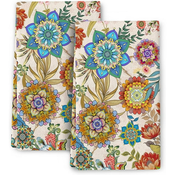 Bohemian Floral Kitchen Towels Decorative Set Boho Mandala Dish Towels Absorbent Dish Cloths Set Colorful Flowers Tea Hand Towels for Kitchen Farmhouse Holiday Home Decor (2 Pack, 16"x24")