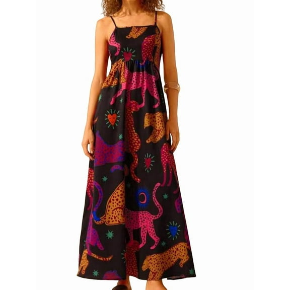 Womens 2025 Summer Floral Maxi Dress Sleeveless Spaghetti Strap Printed Smocked Boho Beach Long Dress Black S