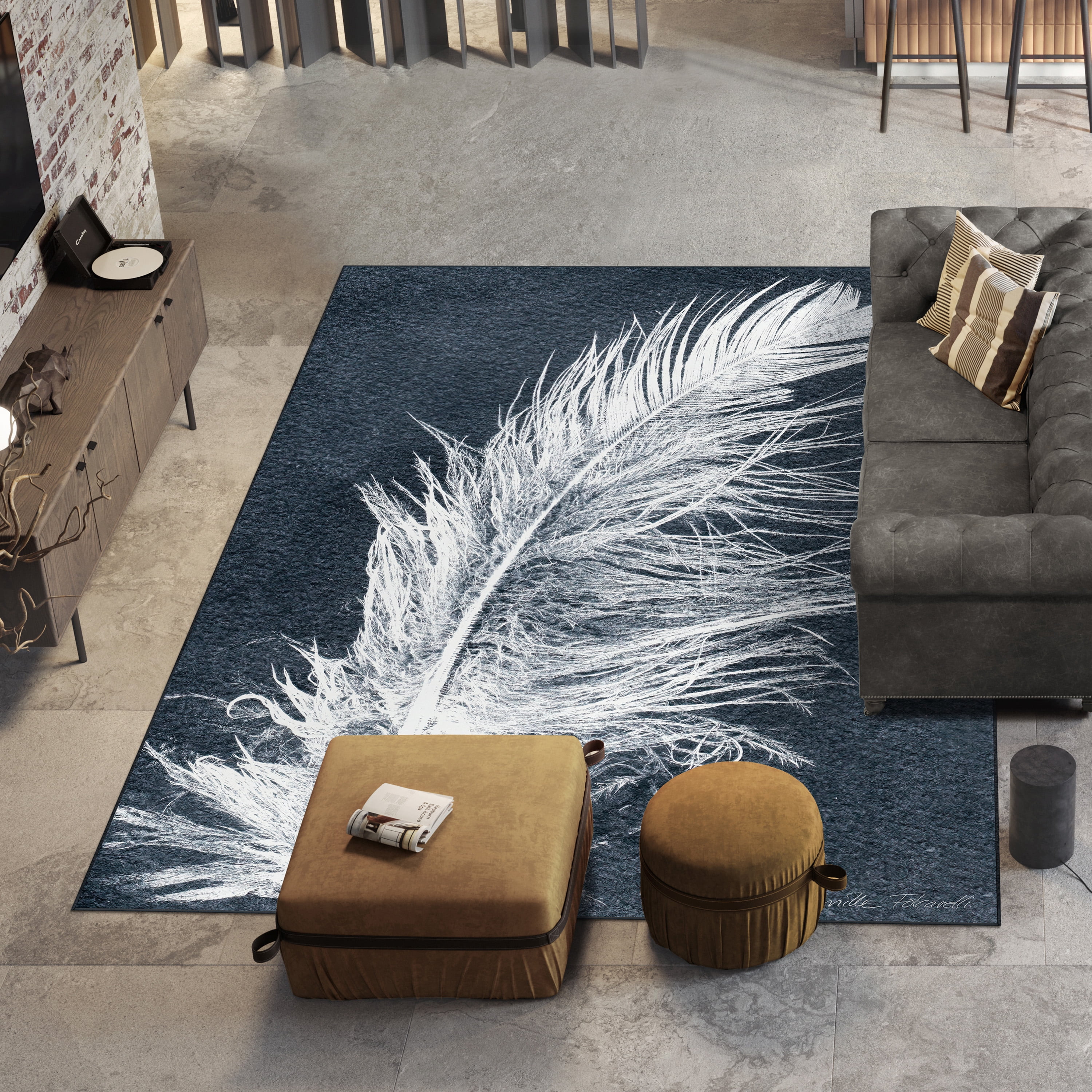 Feather I Dark Washable Art Area Rug size 8'x10', Power-loomed, Heavenly Softness with Non-Slipping Backing