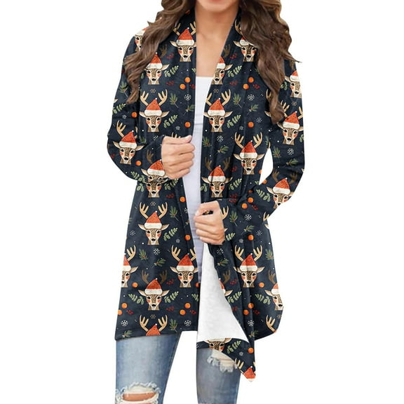 Abomasnow Christmas Cardigan Sweaters for Women Long Sleeve Xmas Tree Print Knitting Open Front Pullover Sweaters S-5XL