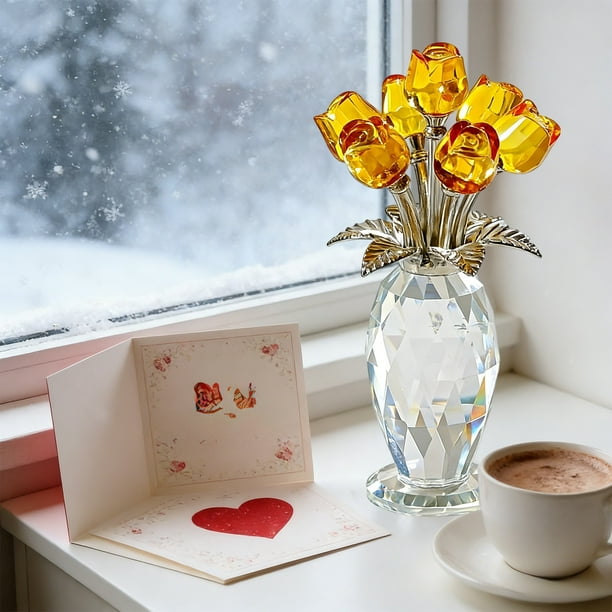 CaiYueKe Crystal Rose Bouquet Ornament Romantic Gift for Valentines Day Anniversary Wedding Home Office Desk Decor Crystal Flower Figurine Keepsake
