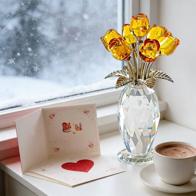 Adorno de ramo de rosas rojas de cristal | Figura de flor de cristal premium para San Valentín | Decoración romántica para el hogar y la oficina | Rosas de cristal multicolor brillantes