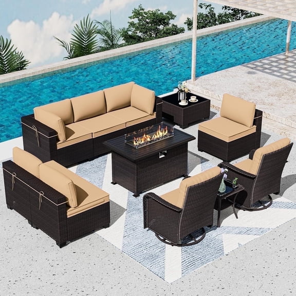 ASJMR 11 Pieces Wicker Patio Furniture Set with 43" Gas Fire Pit Table & 2 Swivel Chairs,Outdoor Rattan Sectional Sofa Conversation Set With Cushions & Tables,Sand