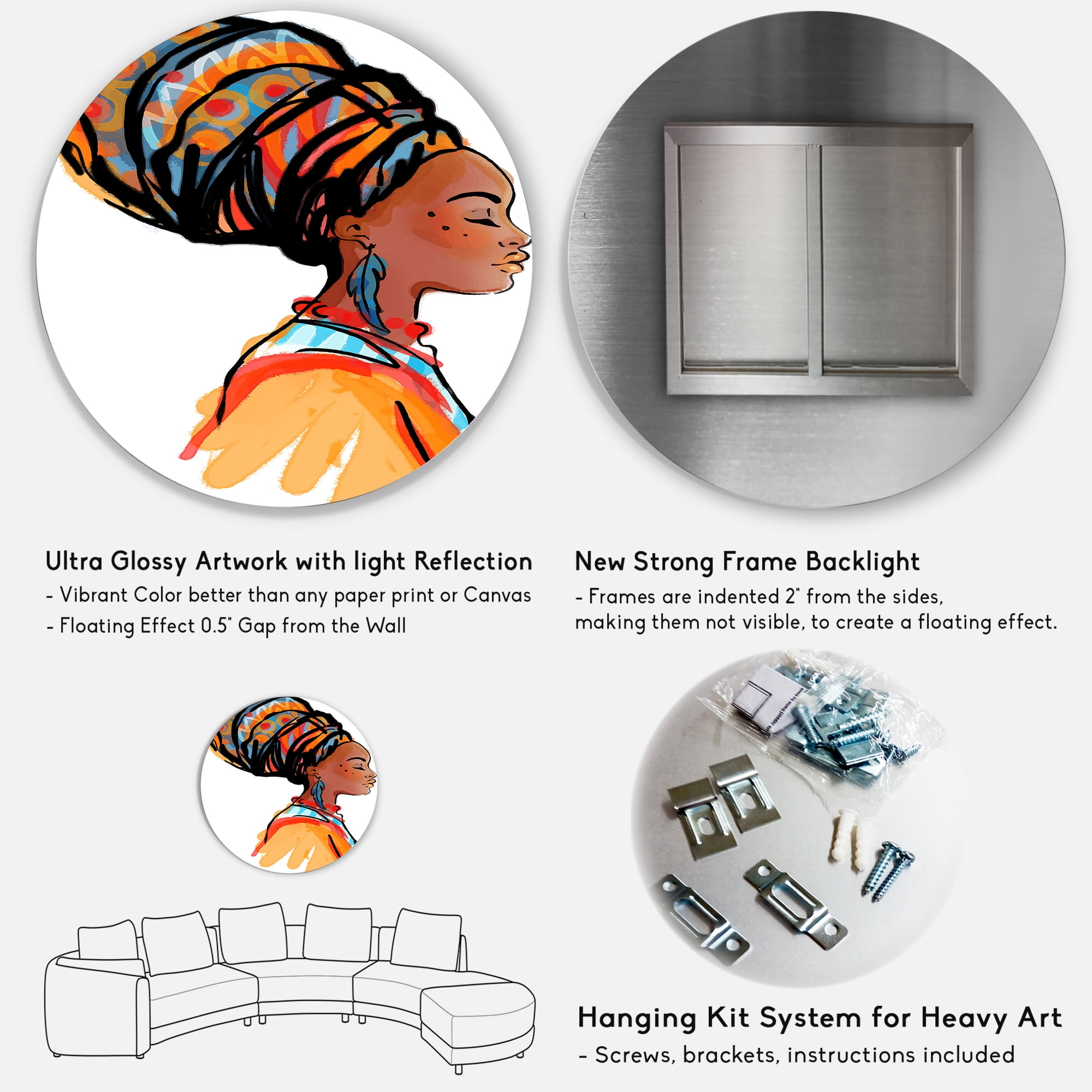 Designart 'Afro American Woman with Turban I' Modern Circle Metal Wall Art 29x29 - Disc of 29
