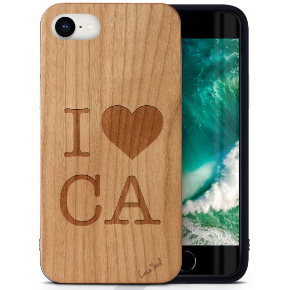 Case Yard Wooden Case Outside Soft TPU Silicone, Slim Fit Shockproof Wood Protective Phone Cover for Girls Boys Men and Women, Supports Wireless Charging Love CA Design case for iPhone-SE