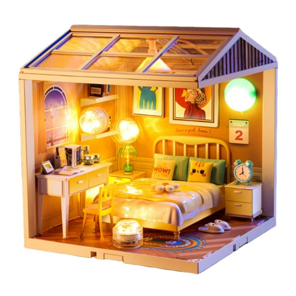 Kit de casa de muñecas en miniatura para armar, juguete educativo, exhibición, cubierta a prueba de polvo, coleccionables Dormitorio