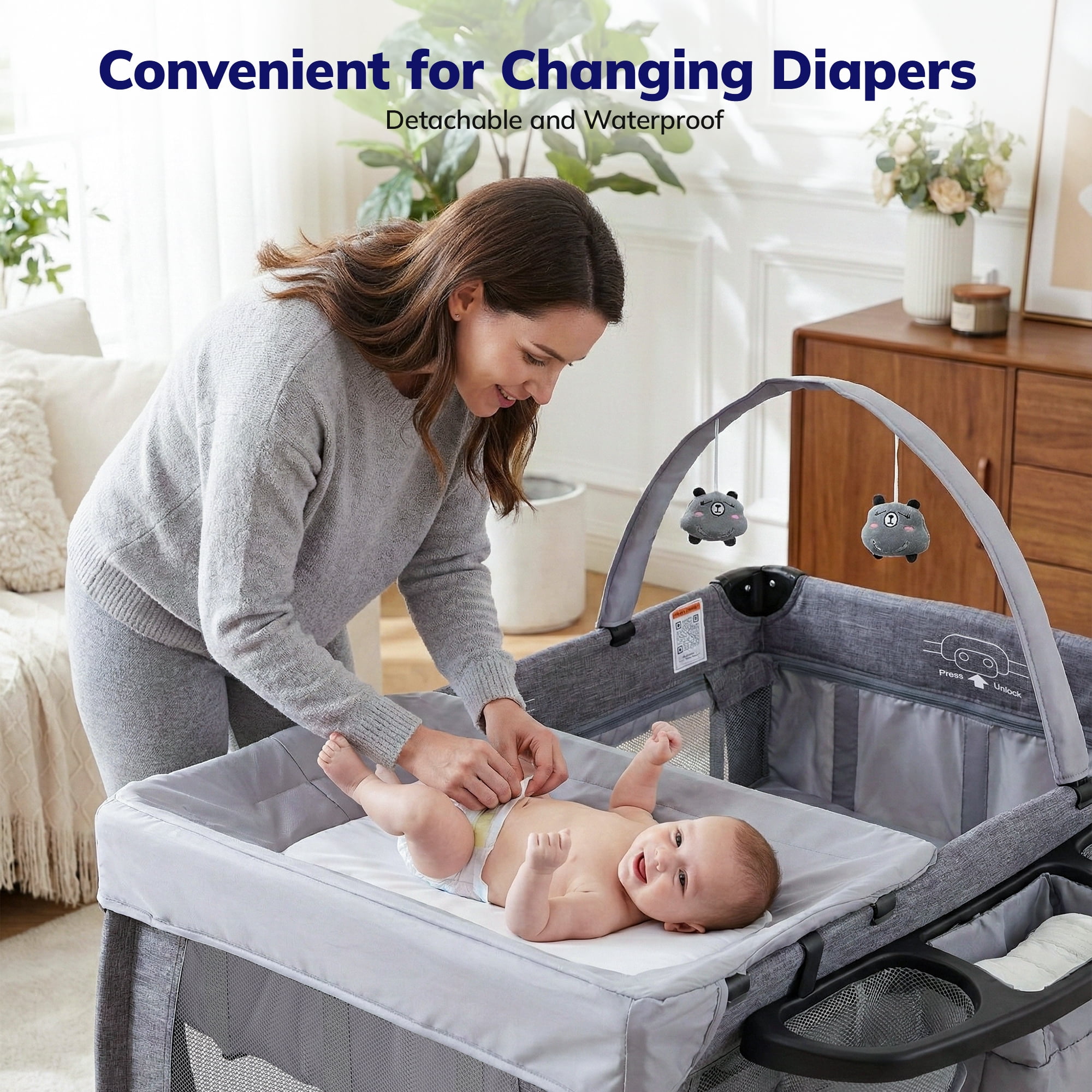 SACVON Portable Baby Playard with Bassinet & Changing Station | Bedside Crib | Removable Storage Organizer | Gray