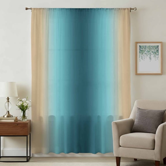 Turquoise Yellow Ombre Sheer Curtains 108 Inches Extra Long, Farmhouse Modern Gradient Art Light Filering Curtains, Privacy Drapes Simi Floor to Veiling Curtain for Living Room Window Treatment