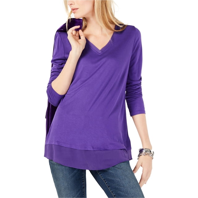I.N.C T-Shirt Basique à Bordure Transparente pour Femmes, Violet, Moyen