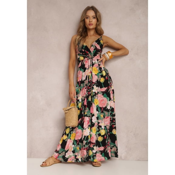 Women's Summer Deep V Sexy Spaghetti Strap Sleeveless Printed Ruffle Backless Dress