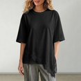 thumbnail image 2 of GZWYHT Women's Casual Crew Neck Half Sleeve T-Shirt Asymmetrical Hem Lace Patchwork Loose Fit Tops lace trim shirt Black M, 2 of 5