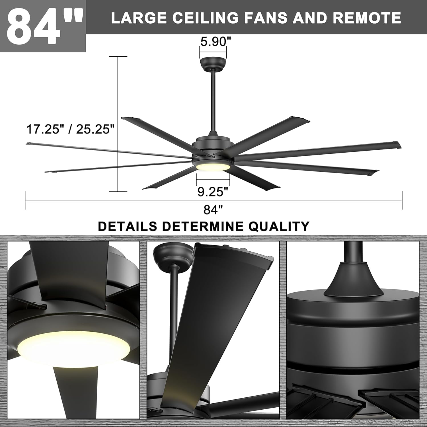 Ohniyou 84" Industrial Ceiling Fan with Lights and Remote 8 Aluminum Blades Large Dimmable Indoor Outdoor Ceiling Fan for Patio Living Room Shop Garage, Black